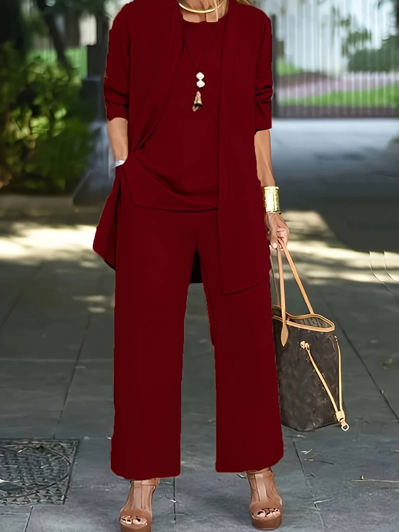 Glebronia | Set da tre pezzi con top, pantaloni a gamba larga e cardigan leggero
