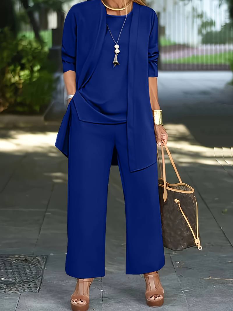 Glebronia | Set da tre pezzi con top, pantaloni a gamba larga e cardigan leggero