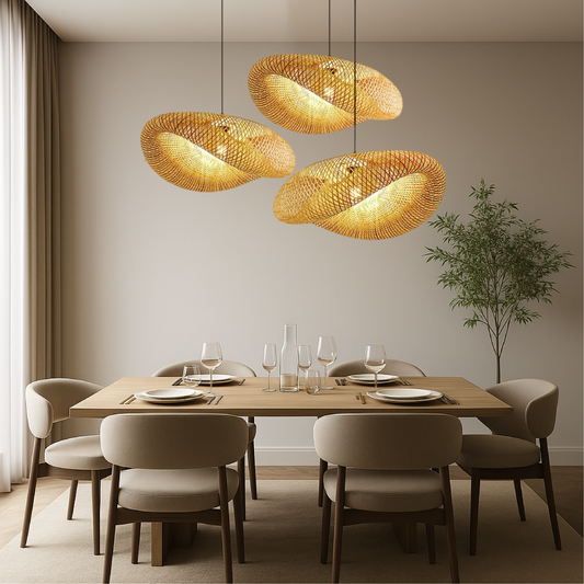 Lampada a Sospensione in Bambù | Lampadari Moderni per Sala da Pranzo | Lampade a Sospensione LED | Ciondolo in Bambù Elegante | Illuminazione Scandinava Minimalista 1