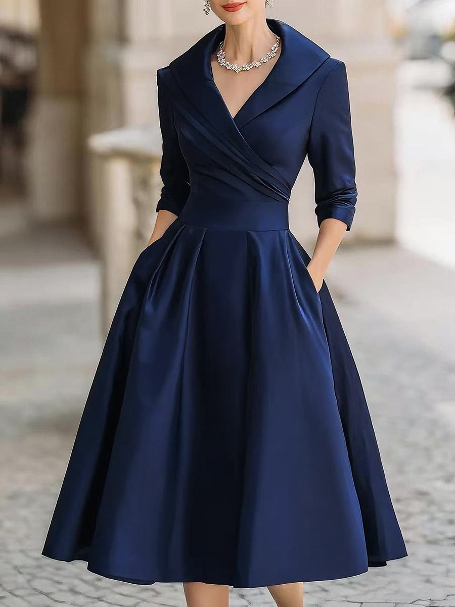 Abito da cerimonia da donna midi con scollo a V e manica a 3/4, elegante per matrimonio e sera - Blu navy