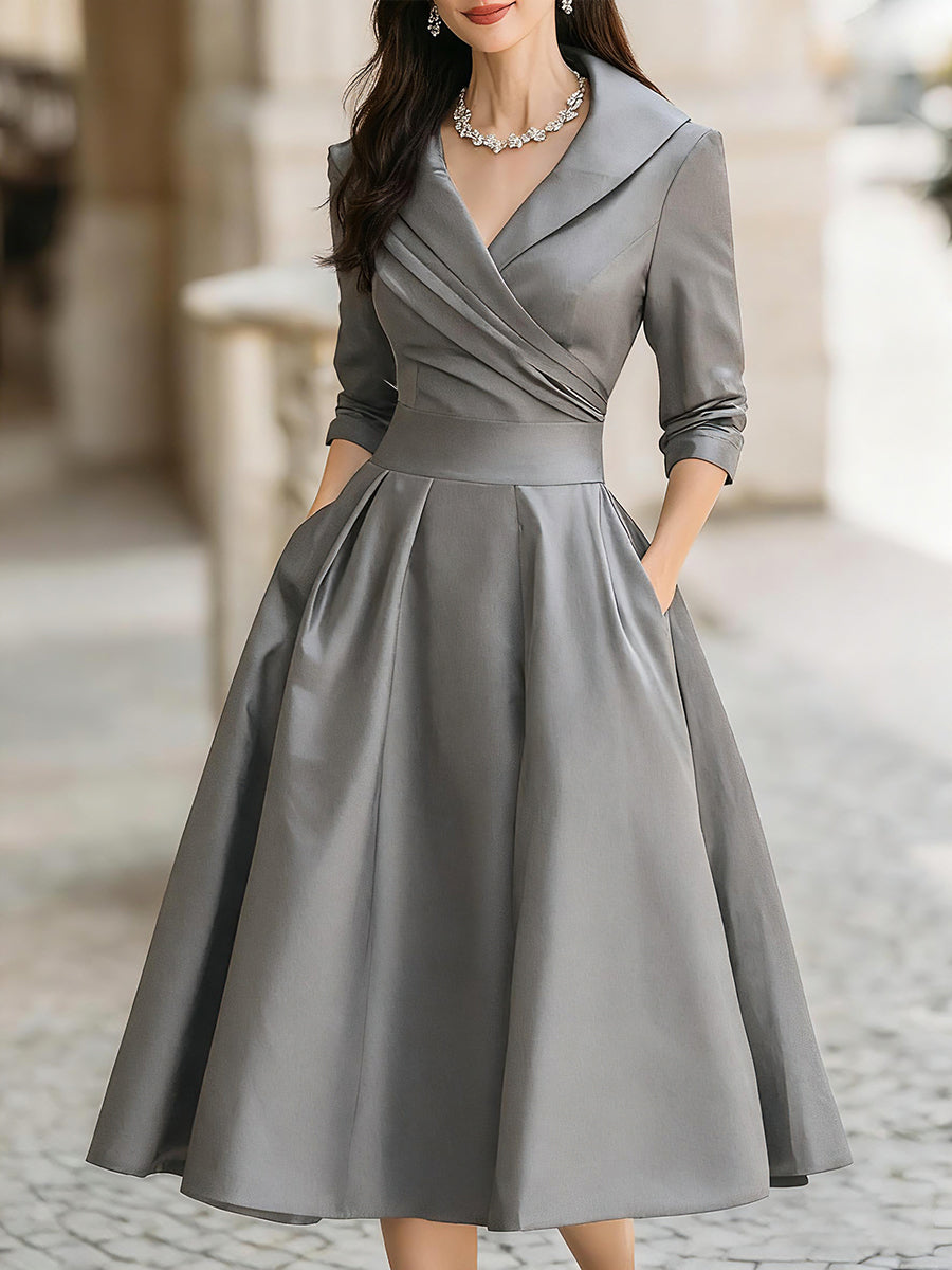 Abito da cerimonia da donna midi con scollo a V e manica a 3/4, elegante per matrimonio e sera - Grigio