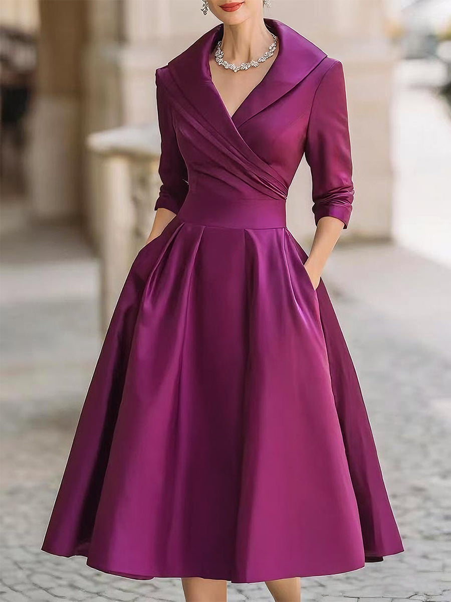 Abito da cerimonia da donna midi con scollo a V e manica a 3/4, elegante per matrimonio e sera - Viola