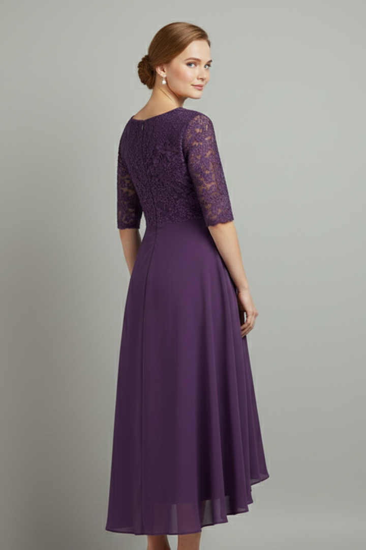Abito da cerimonia midi da donna in pizzo con scollo rotondo e manica corta, elegante per matrimonio - view 13