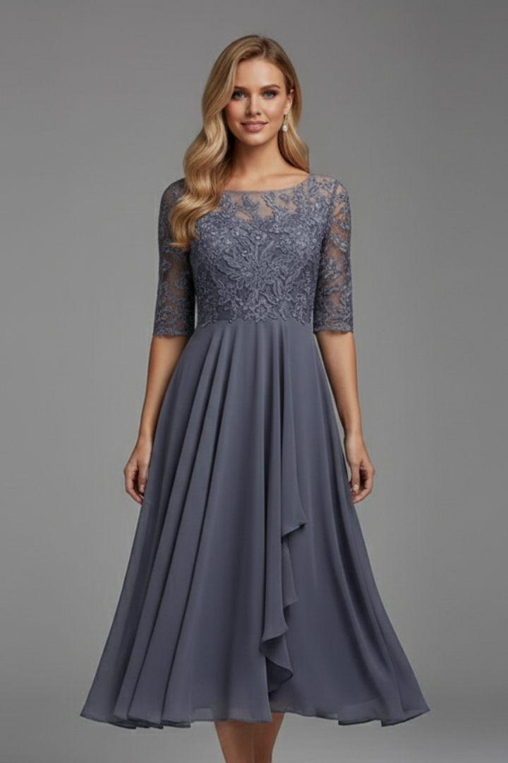 Abito da cerimonia midi da donna in pizzo con scollo rotondo e manica corta, elegante per matrimonio - Grigio antracite