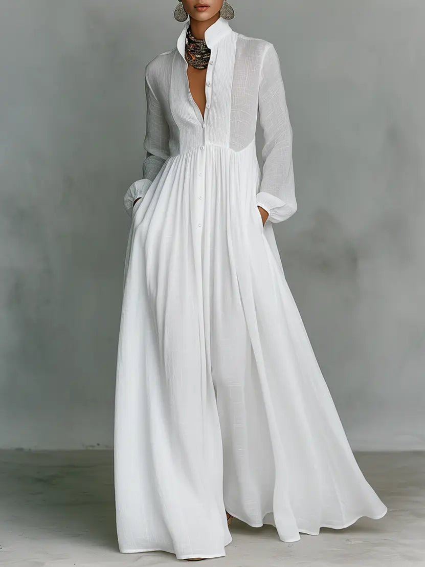 Abito lungo chemisier da donna in misto lino con collo alto e maniche lunghe, elegante - Bianco