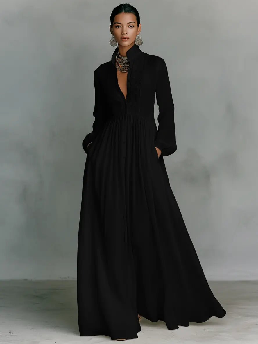 Abito lungo chemisier da donna in misto lino con collo alto e maniche lunghe, elegante - Nero