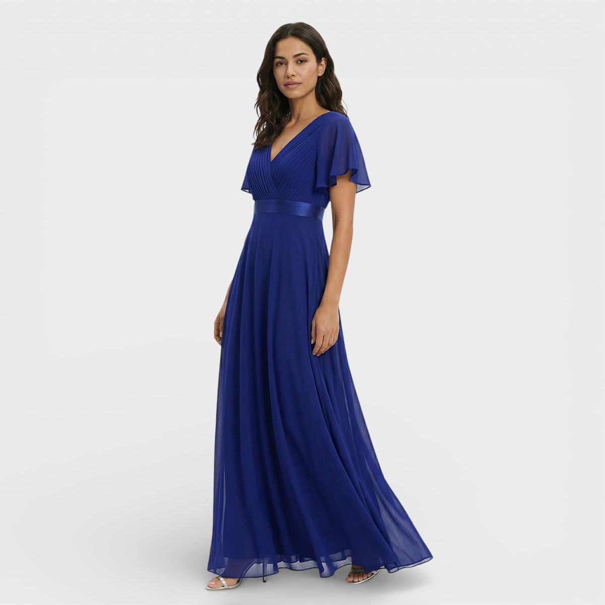 Abito lungo da cerimonia donna con scollo a V e maniche a sbuffo, per matrimonio e gala - Blu navy