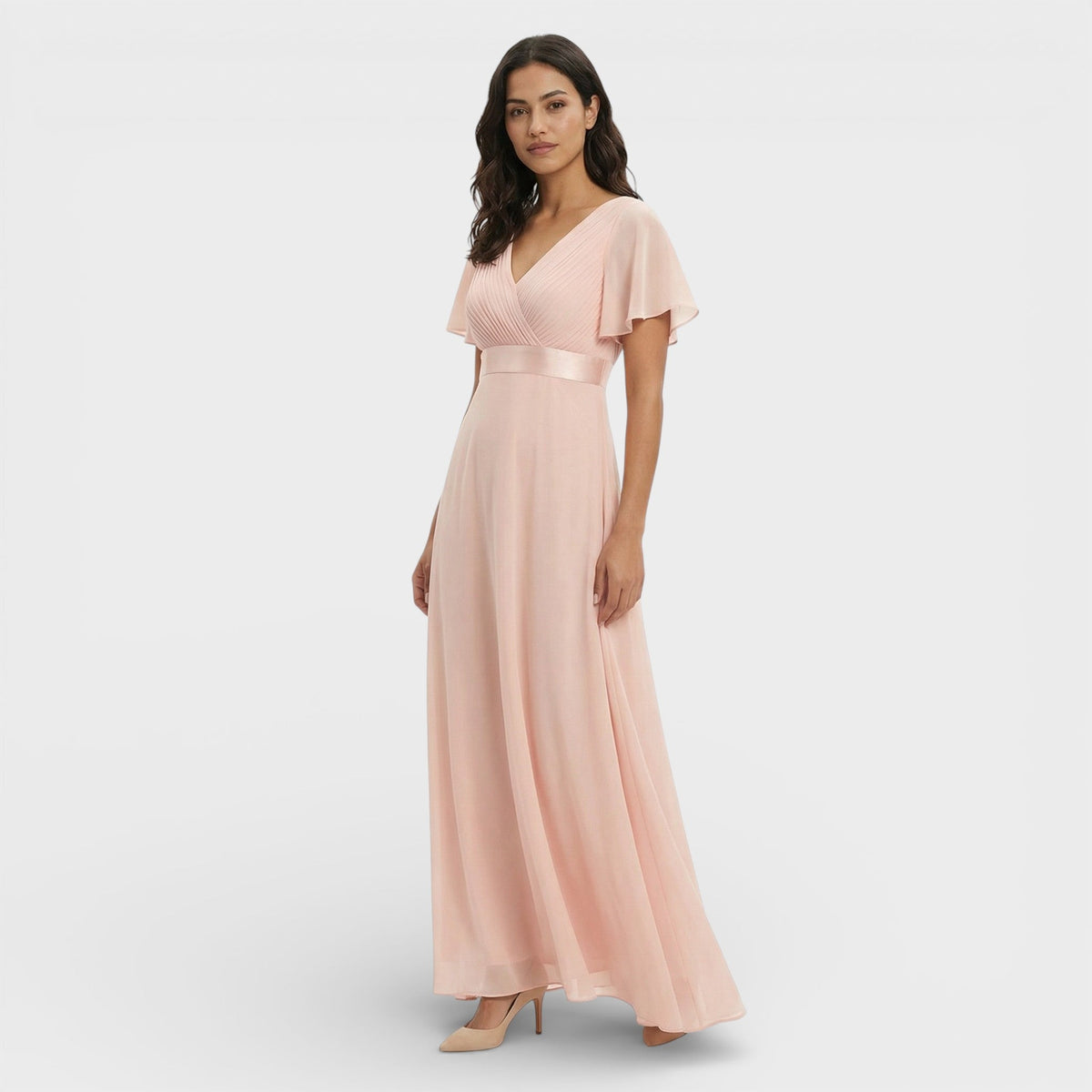 Abito lungo da cerimonia donna con scollo a V e maniche a sbuffo, per matrimonio e gala - Rosa