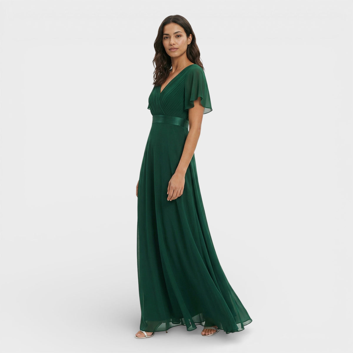 Abito lungo da cerimonia donna con scollo a V e maniche a sbuffo, per matrimonio e gala - Verde