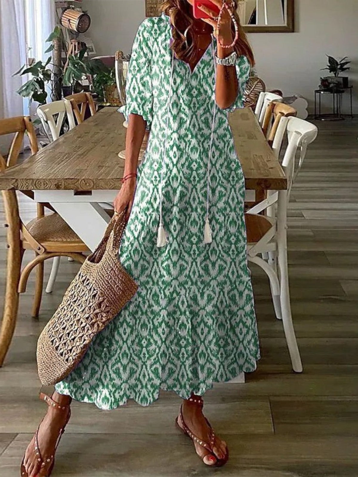 Abito lungo da donna a fiori con scollo a V, stile boho ed estivo, da mare - Verde