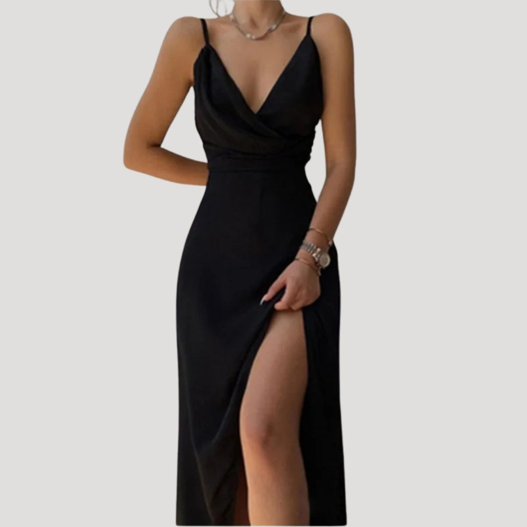 Abito lungo da donna con spacco, elegante per matrimonio e cerimonia - Nero