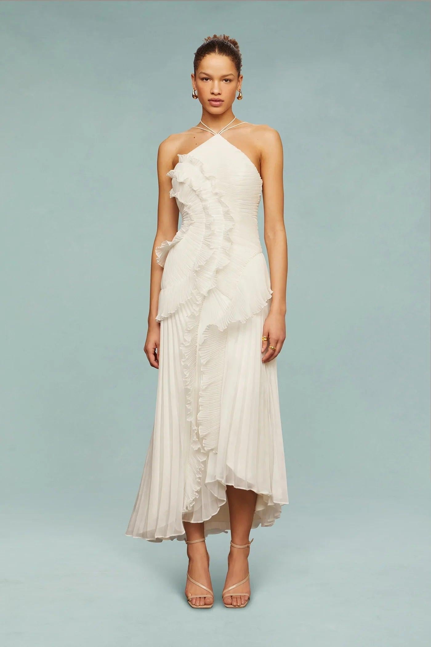 Abito lungo plissettato da donna con balze e scollo all'americana, elegante da cerimonia e matrimonio - Bianco