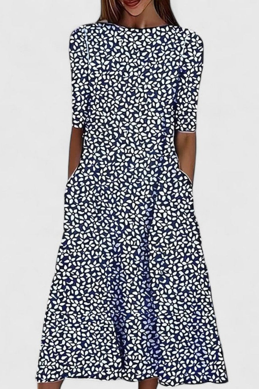 Abito midi da donna in cotone a fiori, con scollo rotondo e maniche corte, per l'estate e le cerimonie - Blu scuro