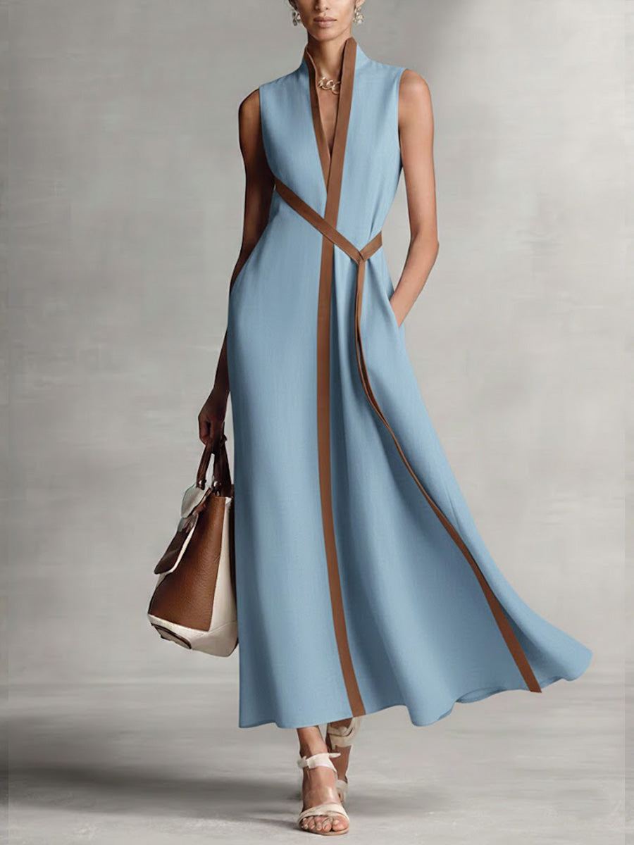 Abito midi da donna senza maniche con scollo a V, profili a contrasto e cintura, elegante per l'estate - Blu