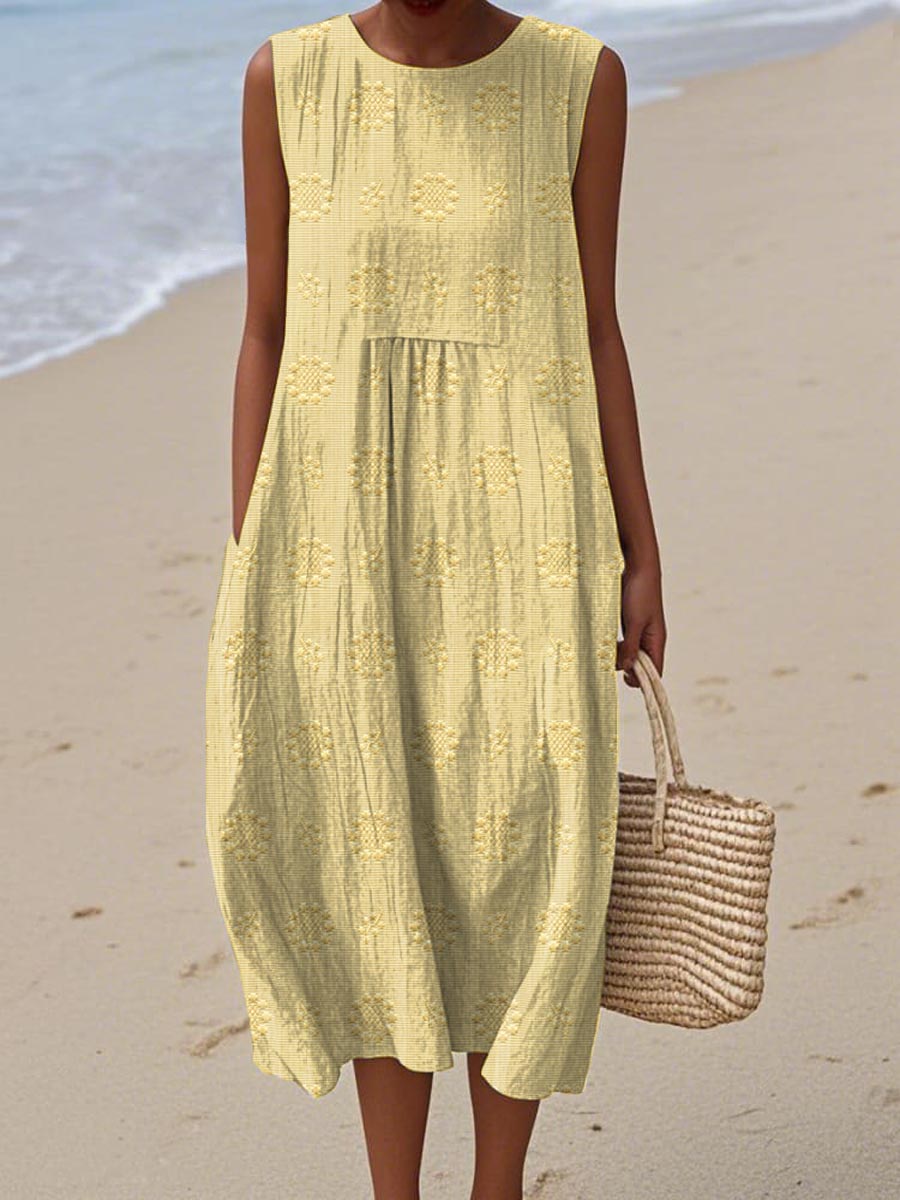 Abito midi da donna smanicato con tasche, vestito estivo da mare e da spiaggia - Giallo chiaro
