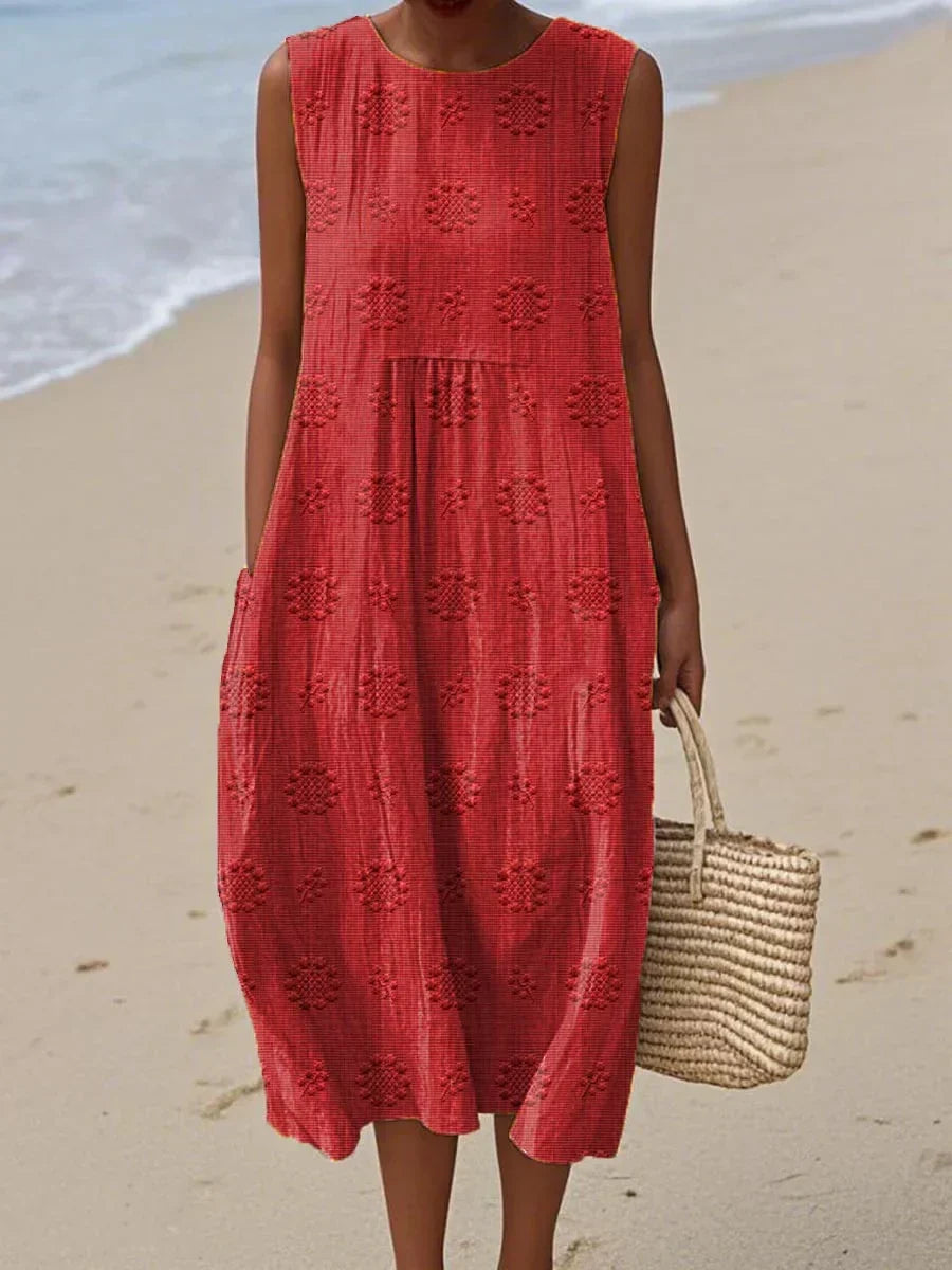 Abito midi da donna smanicato con tasche, vestito estivo da mare e da spiaggia - Rosso