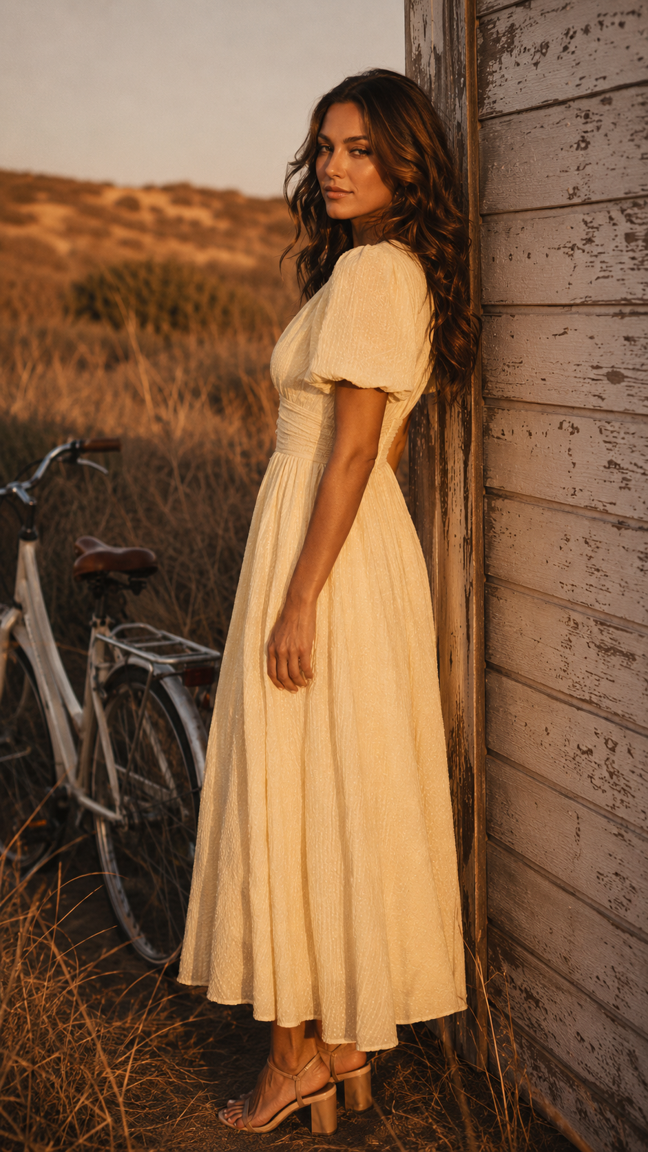 Abito midi da sera da donna con scollo a V e maniche a sbuffo, elegante per cerimonia e matrimonio - view 5