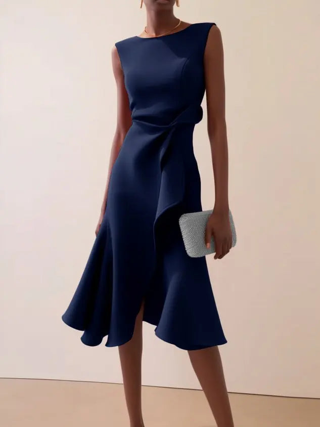 Abito midi smanicato da donna con scollo tondo e drappeggio, orlo asimmetrico, elegante da cerimonia e ufficio - Blu Scuro