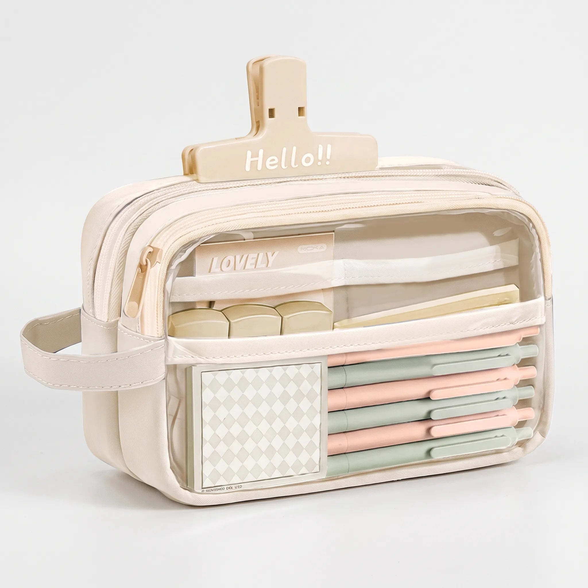 Astuccio grande multiscomparto con finestra trasparente, capiente portapenne per scuola, università e ufficio - Beige