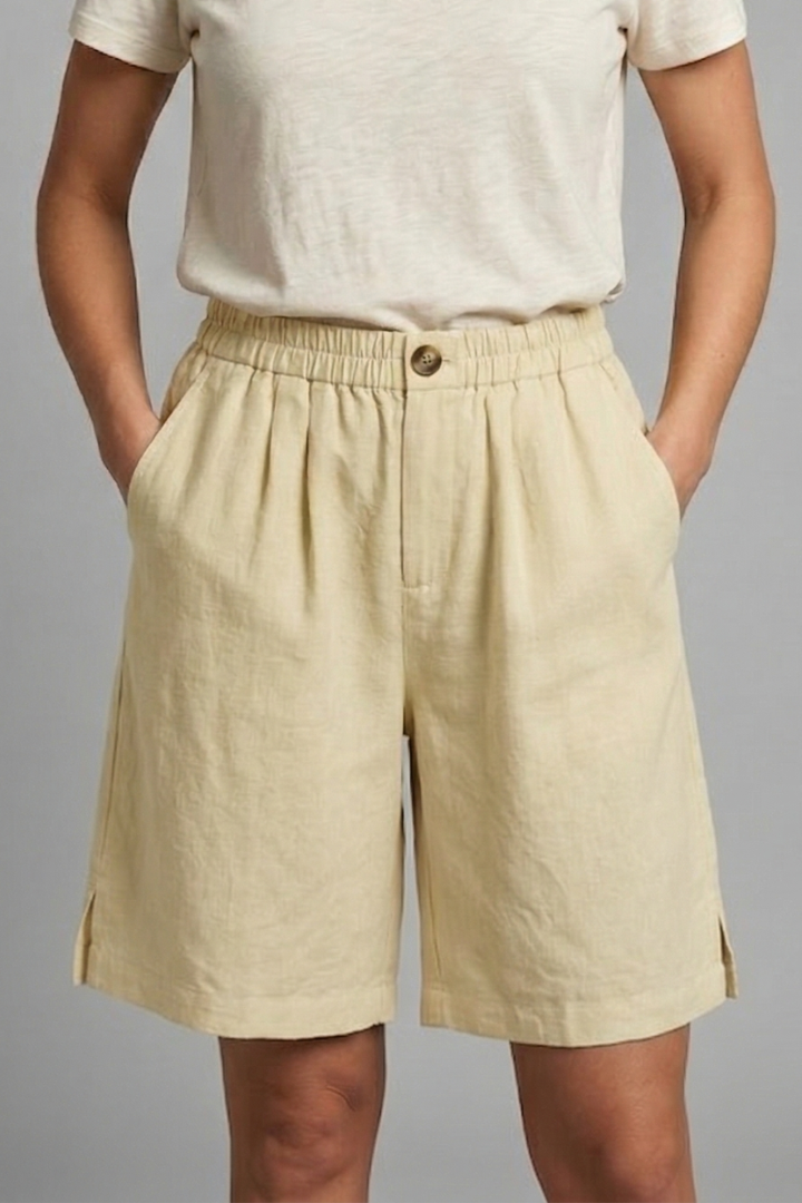 Bermuda donna con vita elastica e coulisse, tasche laterali e gamba larga - Beige