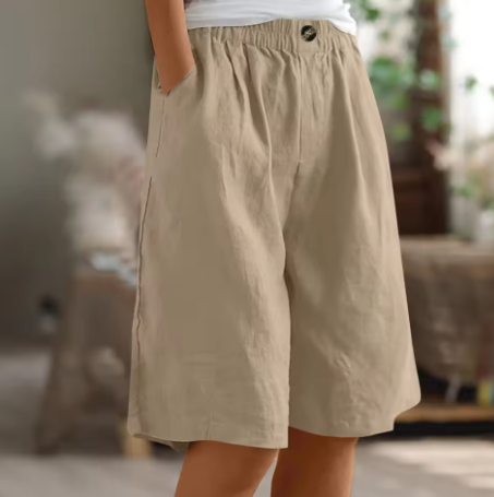 Bermuda donna con vita elastica e taglio comodo, tasche laterali, pantaloncini casual estivi - Kaki