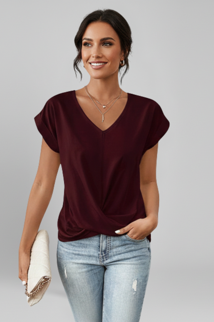 Blusa da donna con scollo a V e maniche corte, con nodo davanti - Borgogna