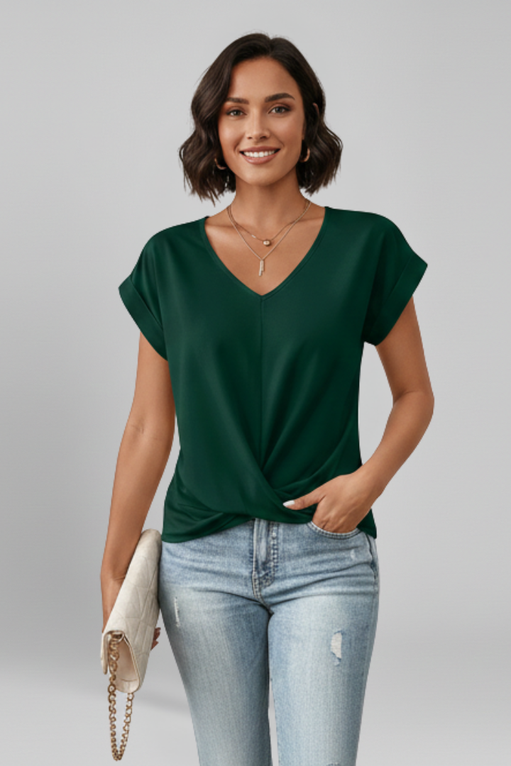 Blusa da donna con scollo a V e maniche corte, con nodo davanti - Verde