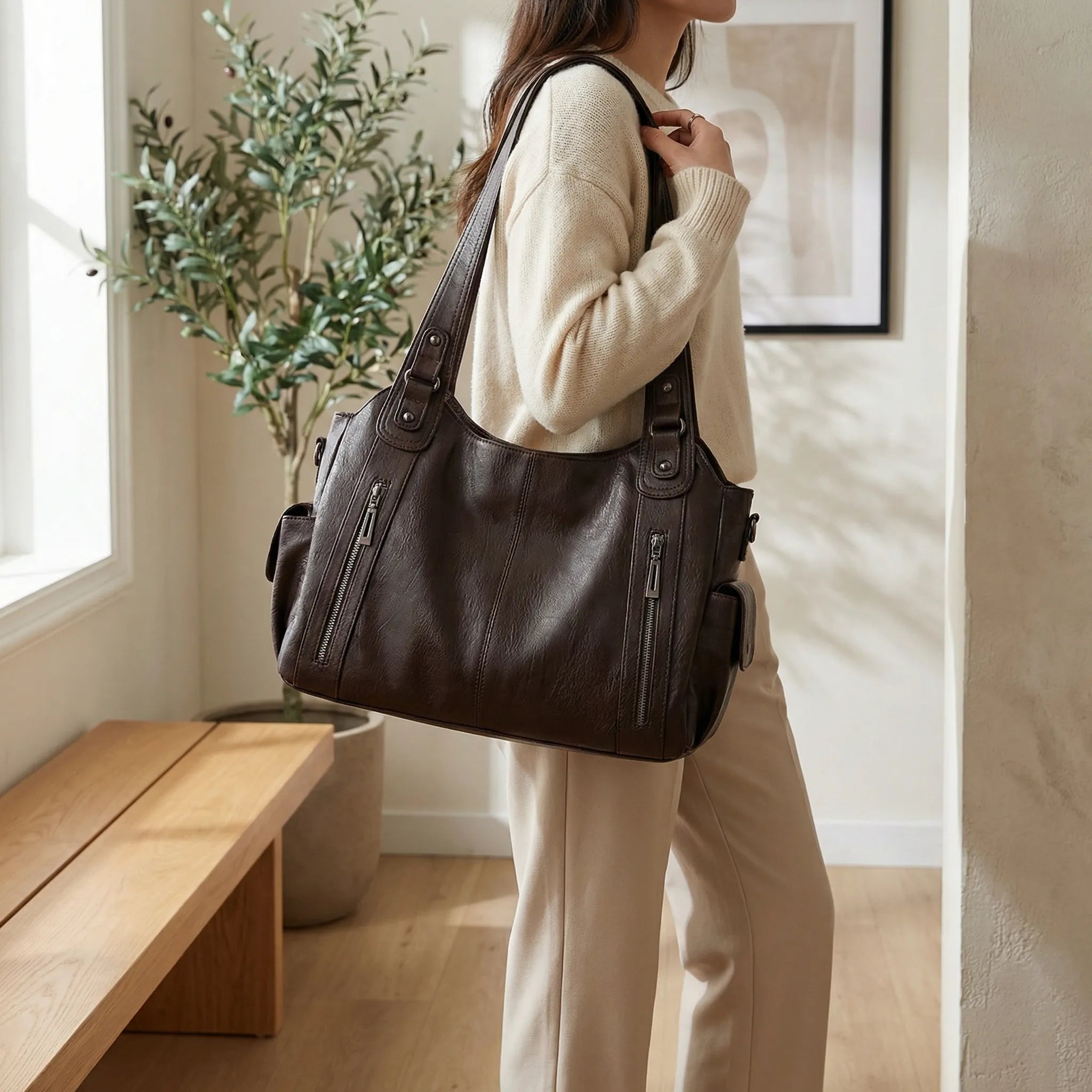 Borsa a tracolla da donna in ecopelle con tasche, borsa a spalla capiente per il lavoro - view 4