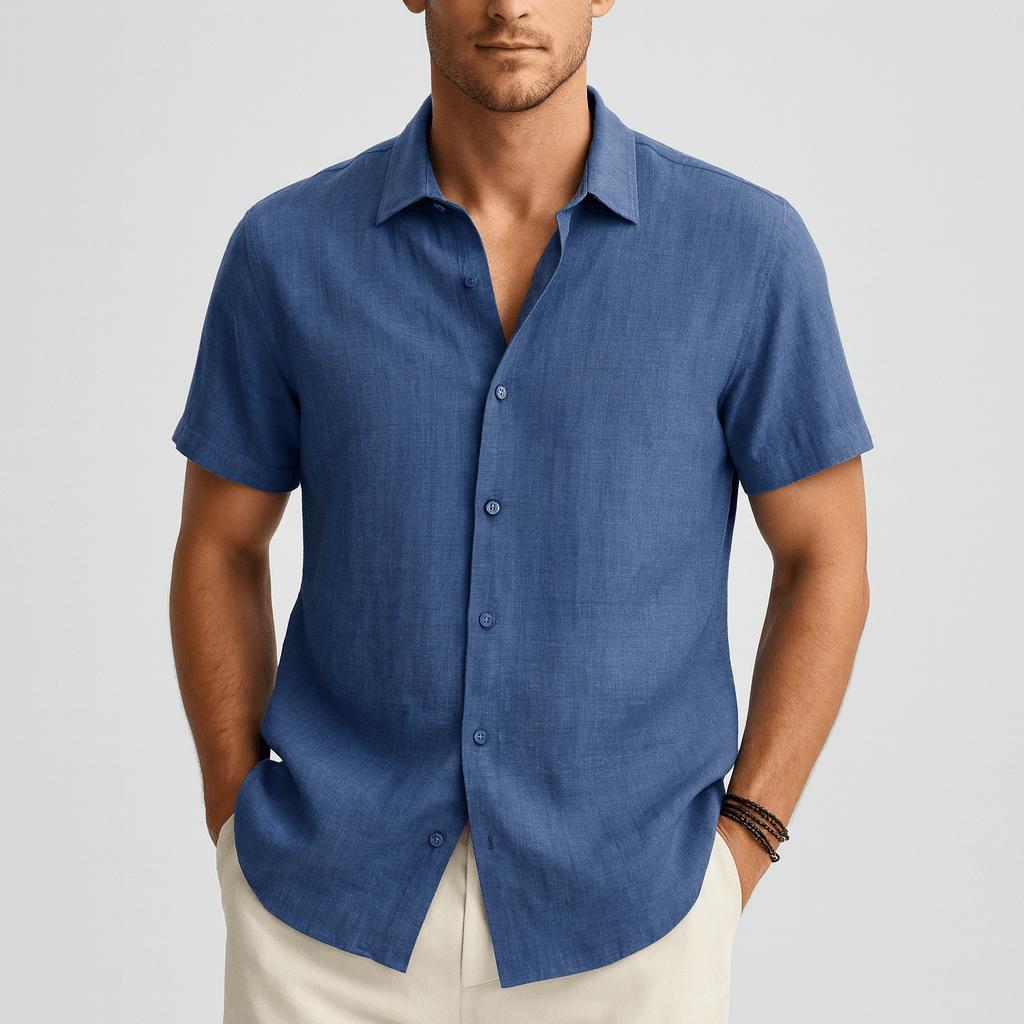 Camicia da uomo a maniche corte in cotone, elegante e casual con bottoni, per l'estate - Blu