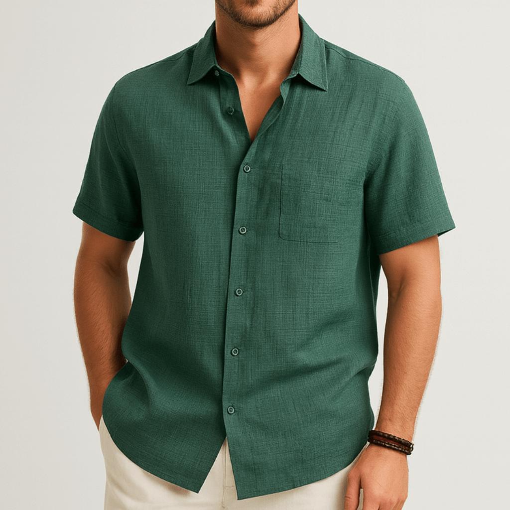 Camicia da uomo a maniche corte in cotone, elegante e casual con bottoni, per l'estate - Verde