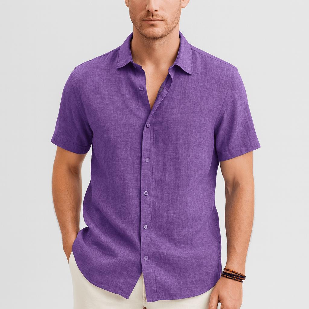 Camicia da uomo a maniche corte in cotone, elegante e casual con bottoni, per l'estate - Viola