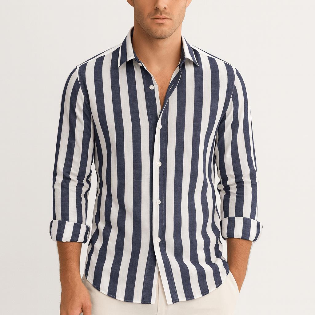 Camicia da uomo a righe con manica lunga e bottoni, elegante e casual - Blu scuro
