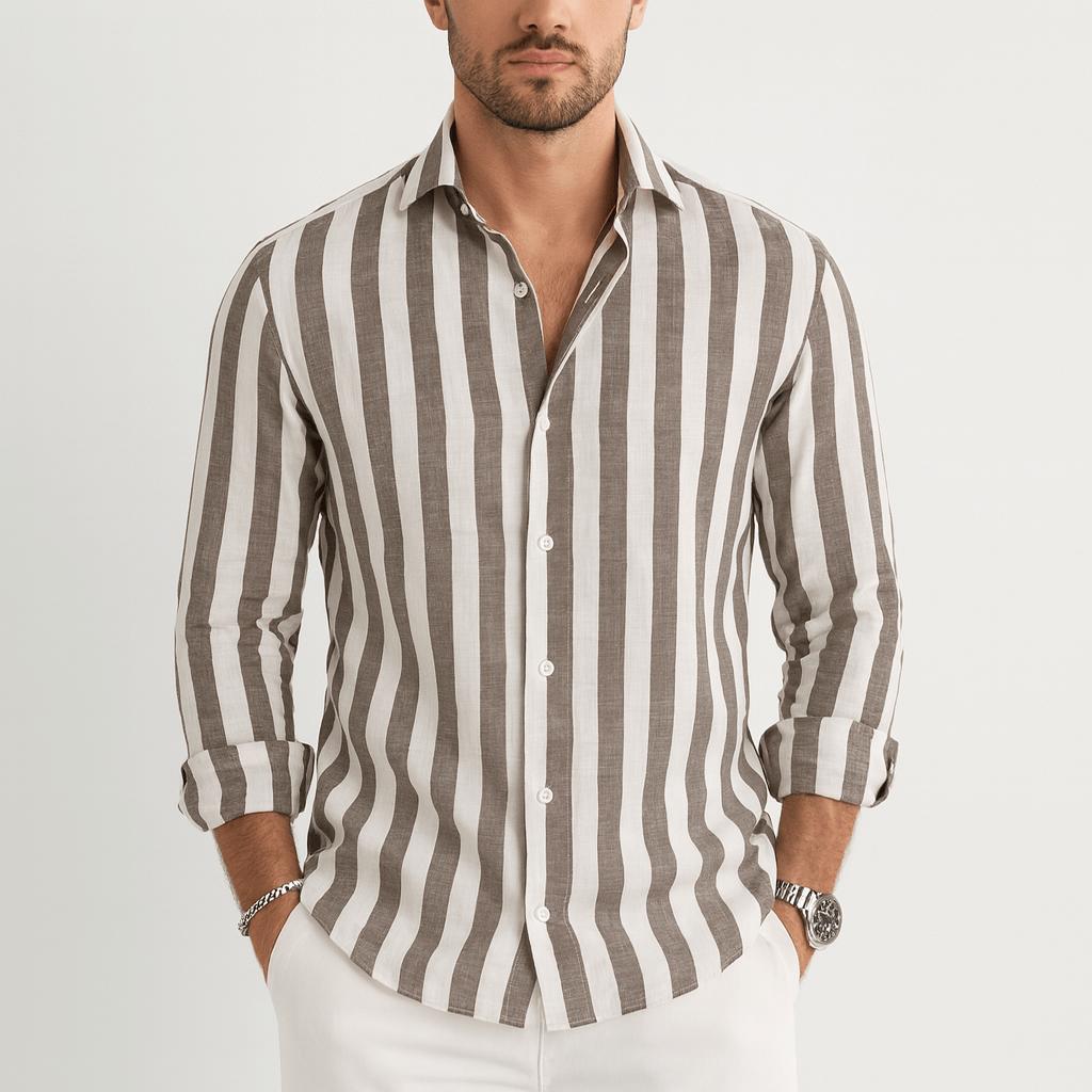 Camicia da uomo a righe con manica lunga e bottoni, elegante e casual - Cachi