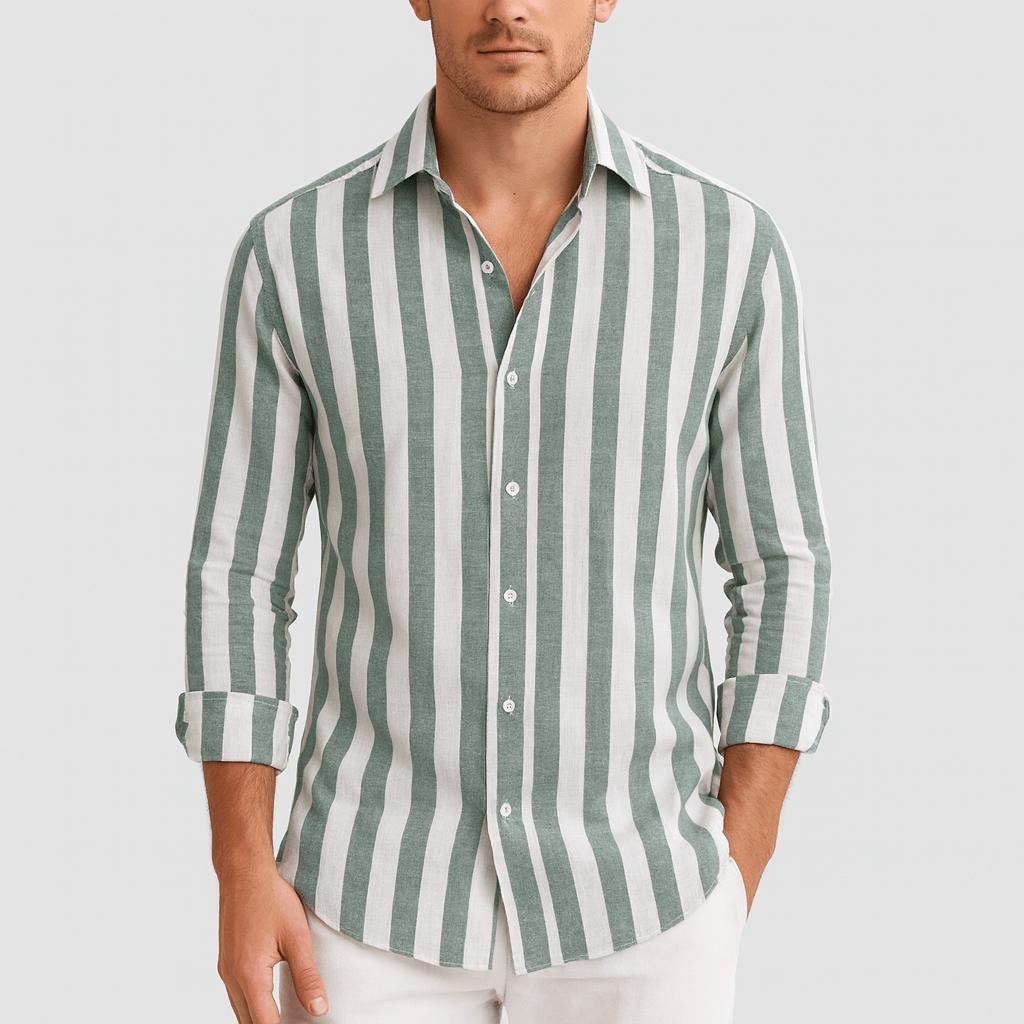 Camicia da uomo a righe con manica lunga e bottoni, elegante e casual - Verde