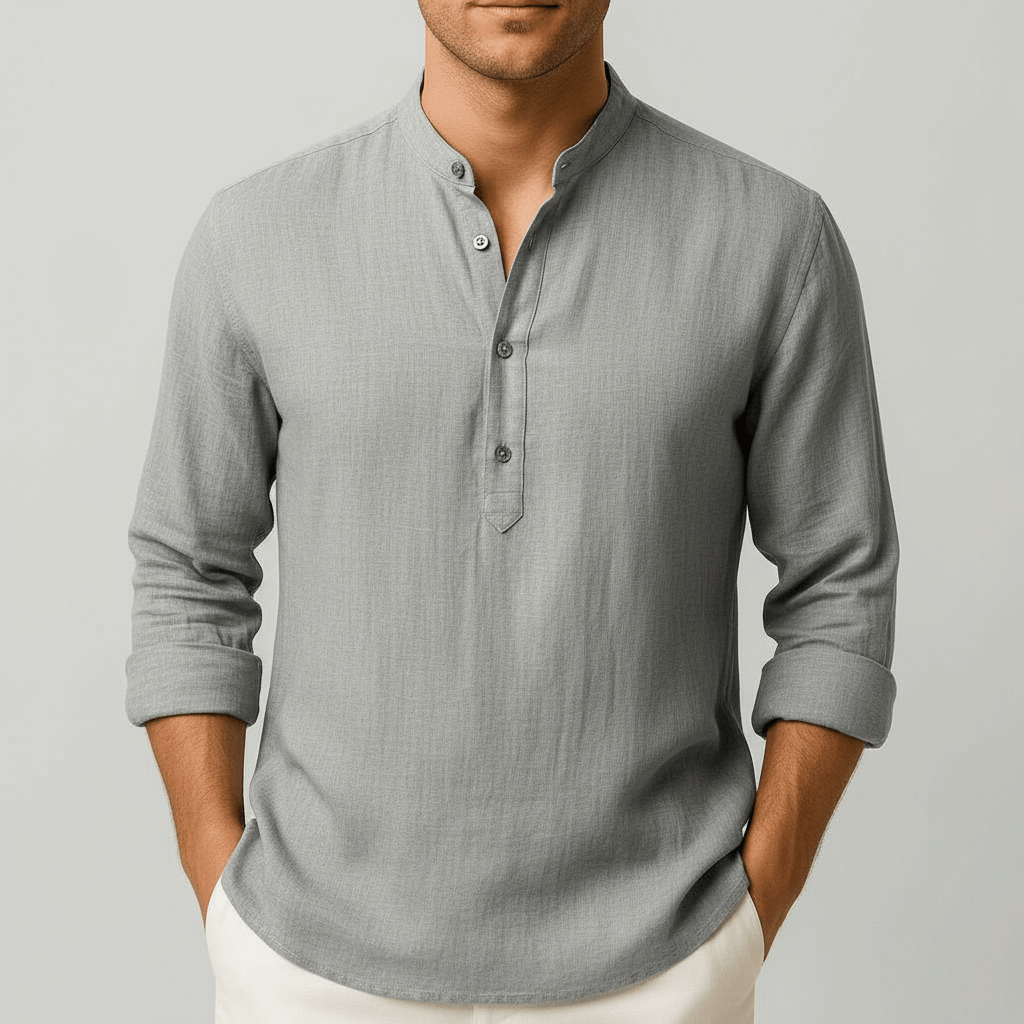 Camicia di lino da uomo a manica lunga con collo alla coreana, estiva ed elegante - Grigio