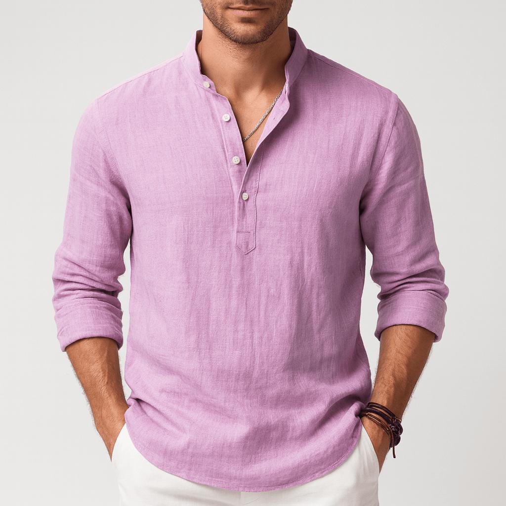 Camicia di lino da uomo a manica lunga con collo alla coreana, estiva ed elegante - Viola chiaro