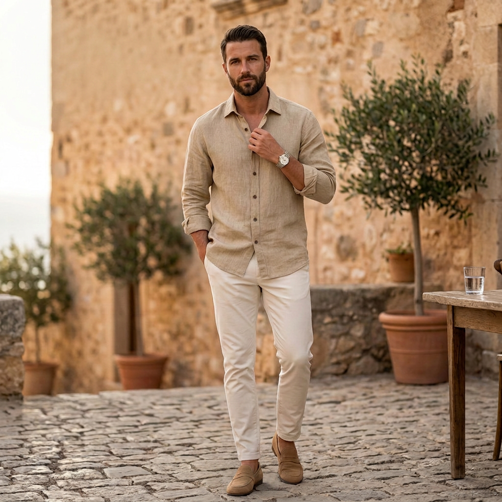 Camicia di lino da uomo a manica lunga, taglio ampio e collo classico, estiva casual - view 10