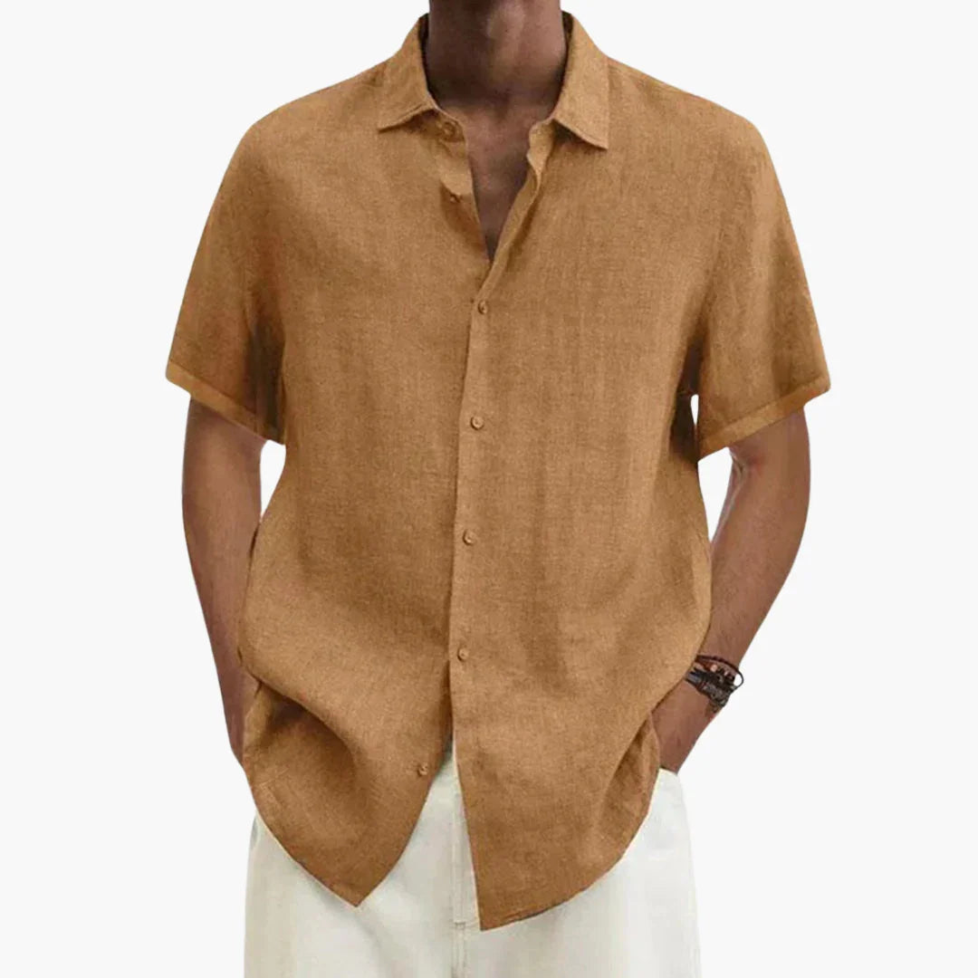 Camicia di lino da uomo a maniche corte, estiva e casual da spiaggia - Cachi