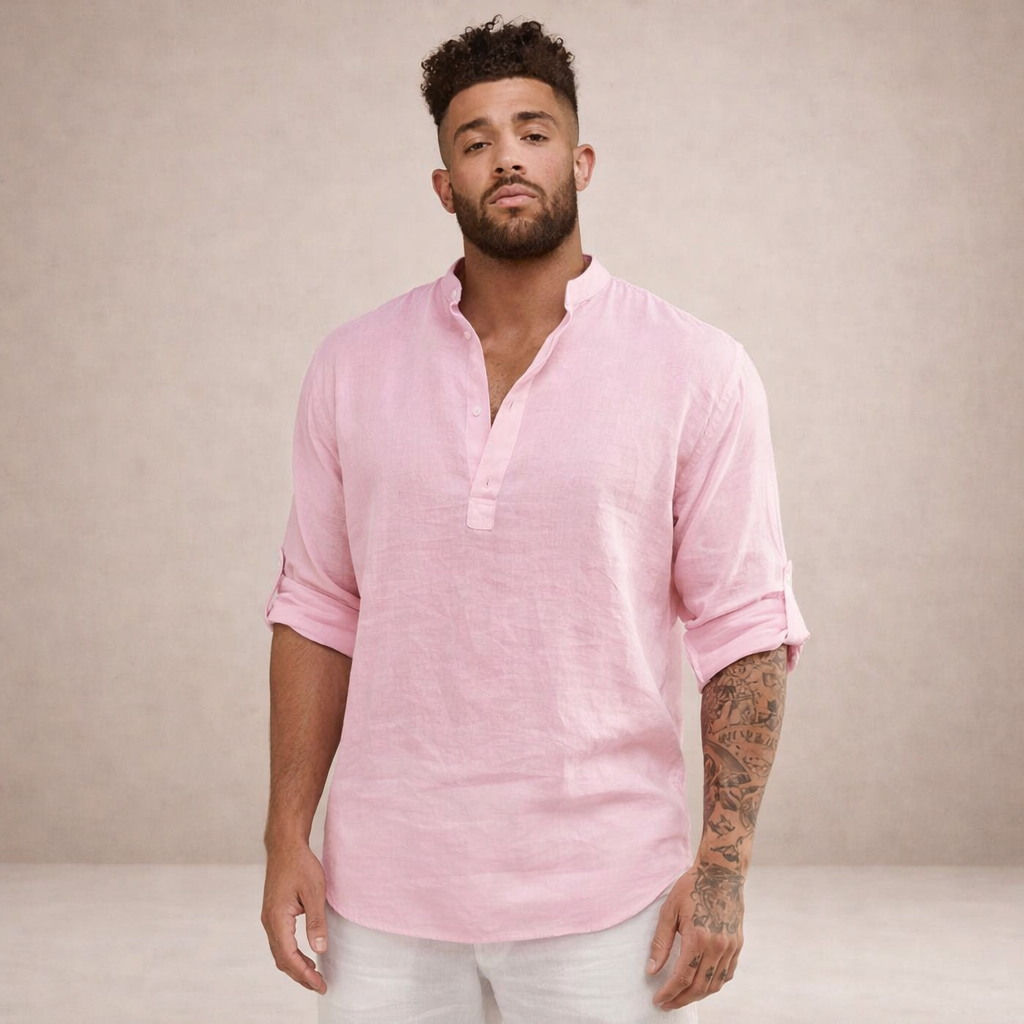 Camicia di lino da uomo con collo alla coreana e maniche arrotolate, casual estiva da spiaggia - view 15