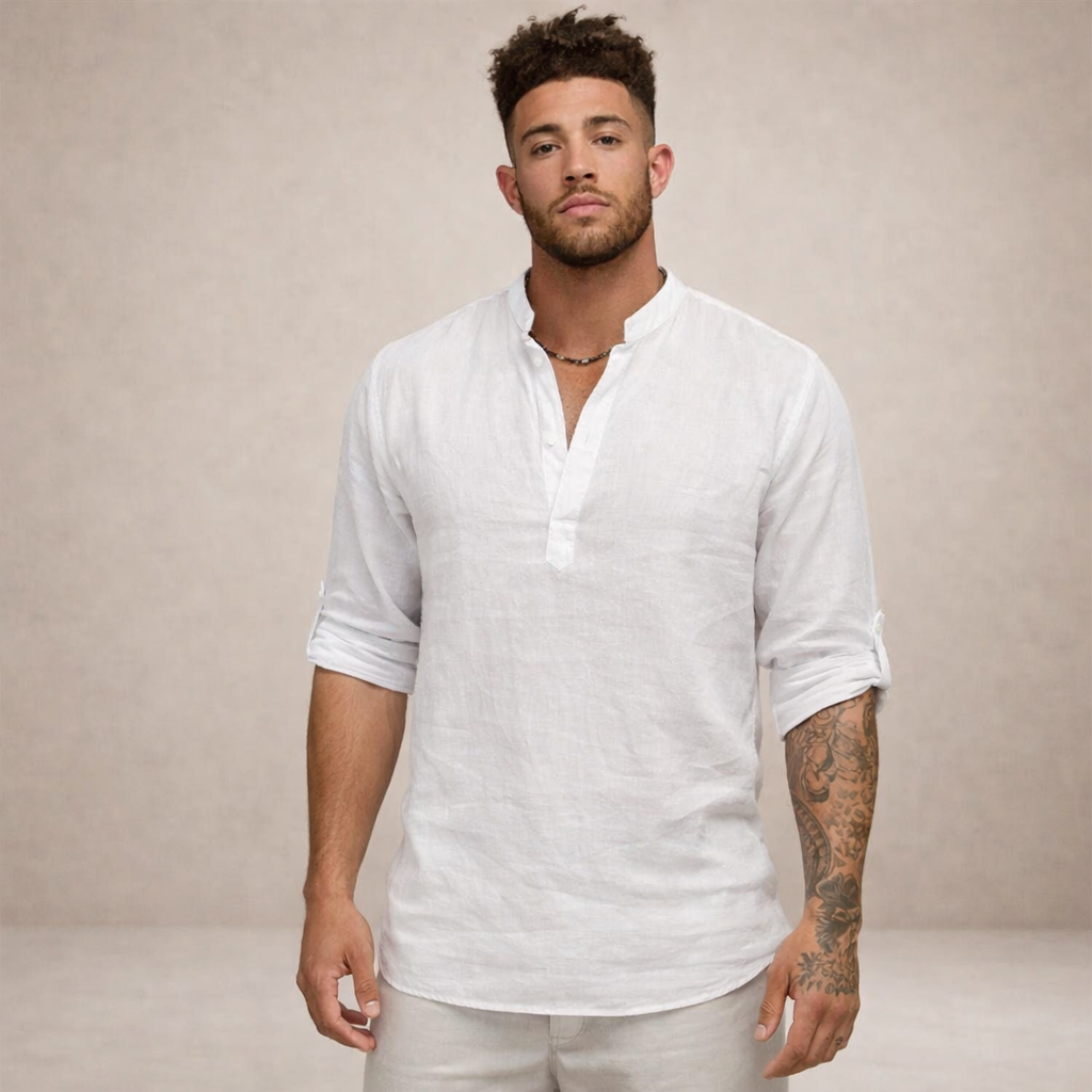 Camicia di lino da uomo con collo alla coreana e maniche arrotolate, casual estiva da spiaggia - view 7