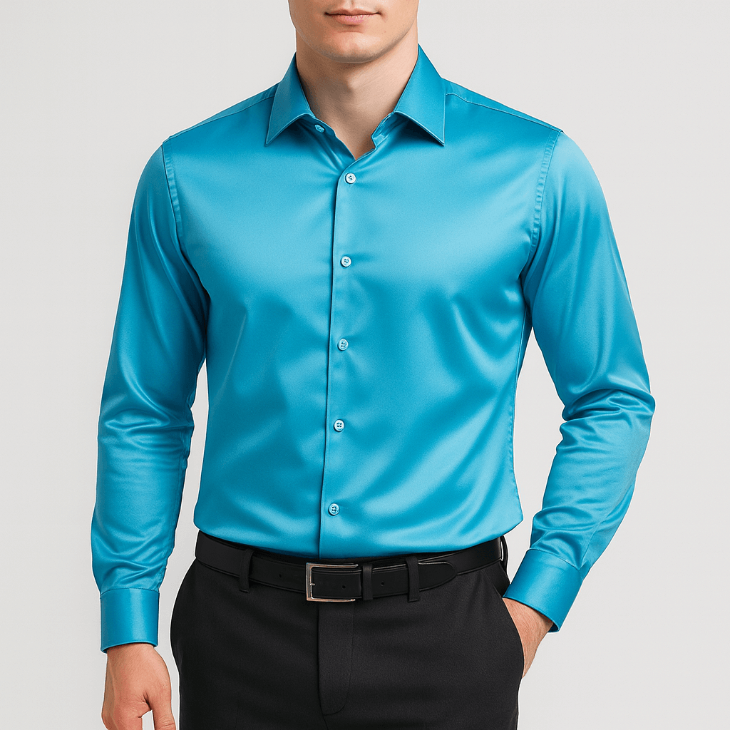 Camicia elegante da uomo in raso a maniche lunghe con vestibilità slim, per cerimonia e matrimonio - Blu