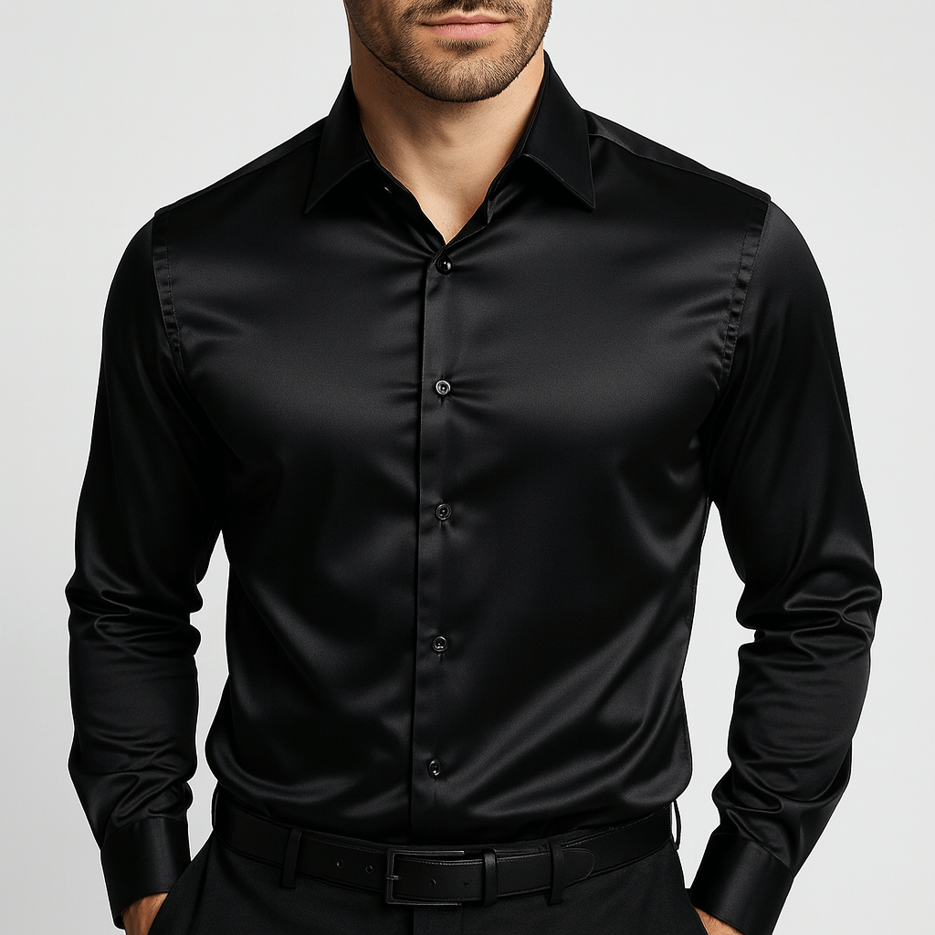 Camicia elegante da uomo in raso a maniche lunghe con vestibilità slim, per cerimonia e matrimonio - Nero