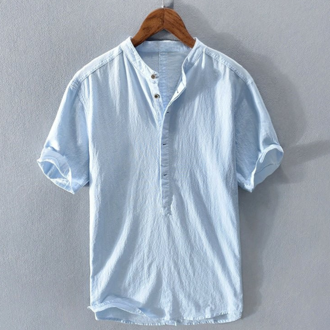 Camicia in misto lino da uomo a maniche corte con collo alla coreana, casual ed estiva - Azzurro