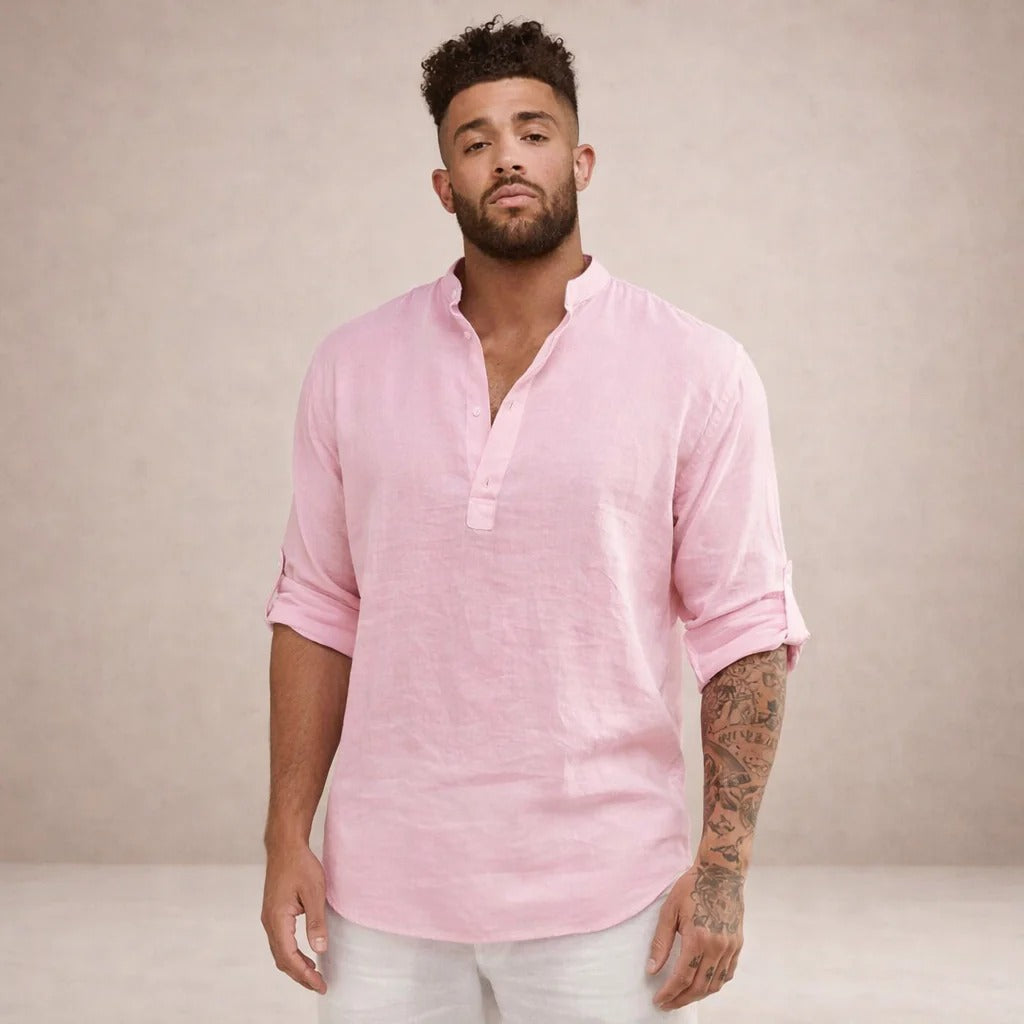 Camicia in misto lino da uomo con collo alla coreana, a manica lunga, estiva e casual da spiaggia - view 12