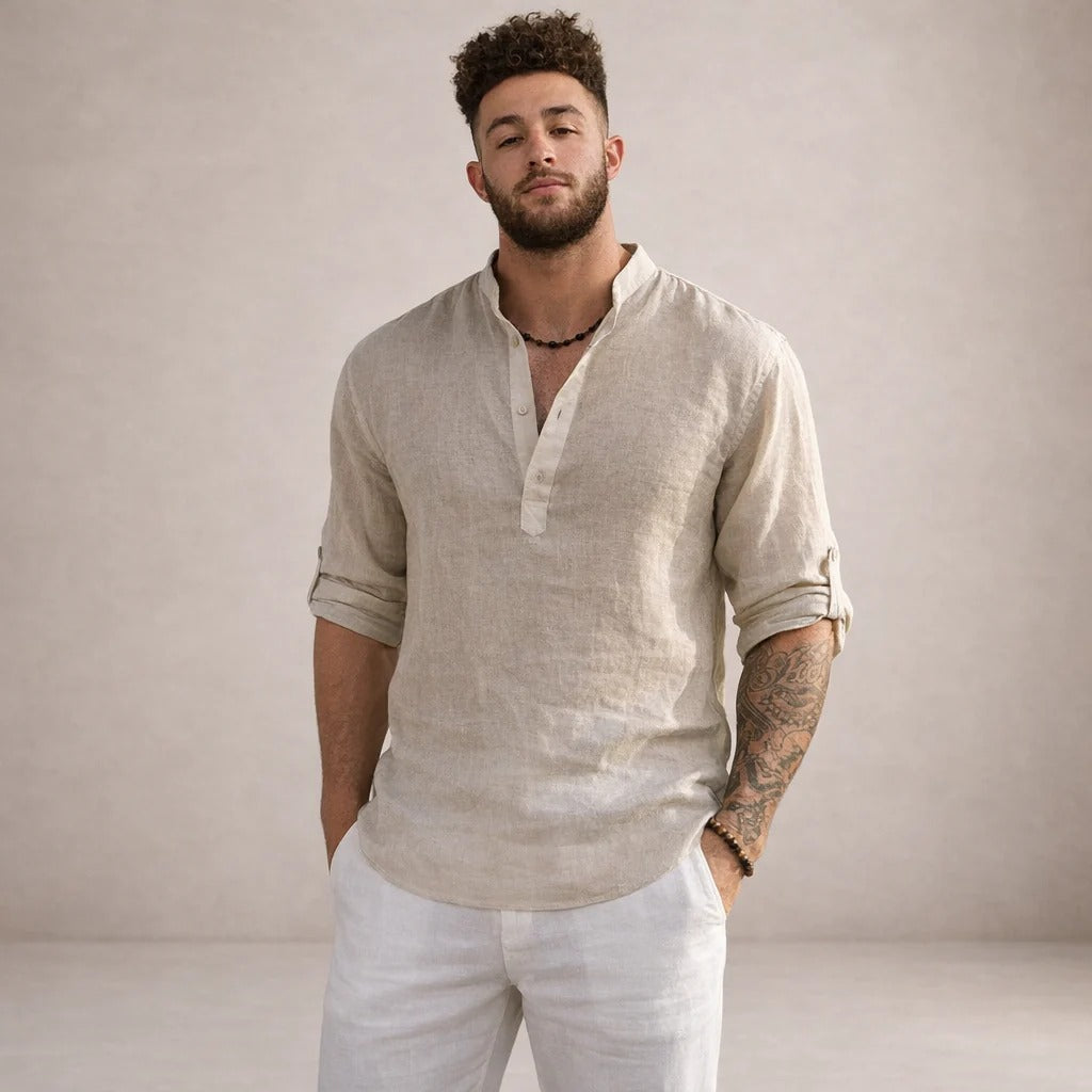 Camicia in misto lino da uomo con collo alla coreana, a manica lunga, estiva e casual da spiaggia - view 8