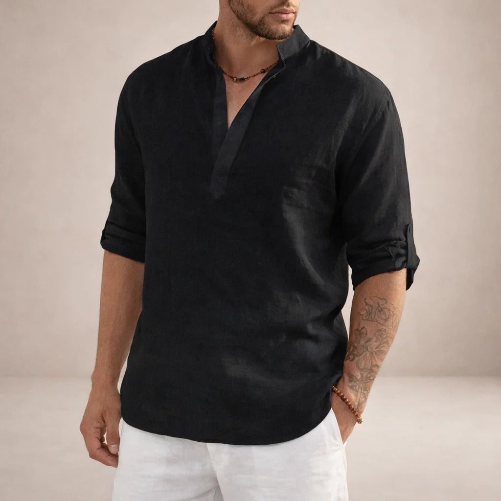 Camicia in misto lino da uomo con collo alla coreana, a manica lunga, estiva e casual da spiaggia - Nero