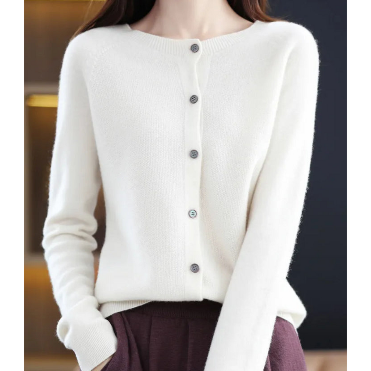Cardigan in cashmere da donna a girocollo con bottoni, manica lunga, morbido ed elegante - Bianco