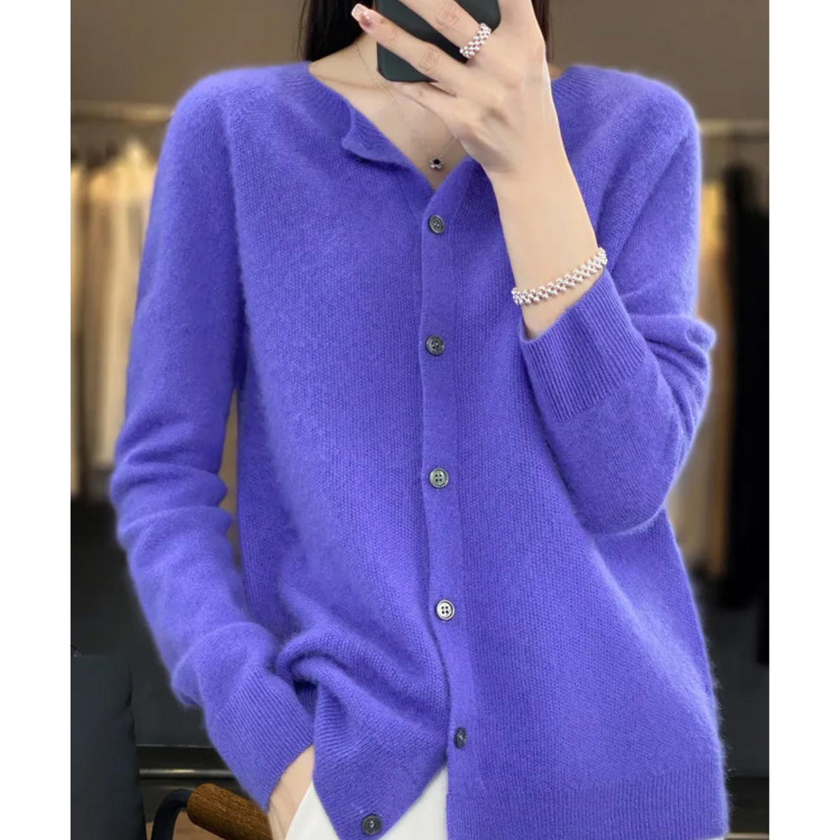 Cardigan in cashmere da donna a girocollo con bottoni, manica lunga, morbido ed elegante - Blu scuro