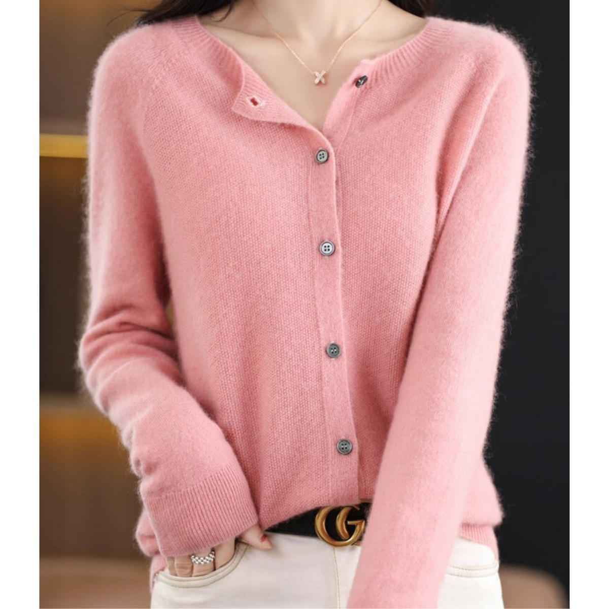 Cardigan in cashmere da donna a girocollo con bottoni, manica lunga, morbido ed elegante - Rosa chiaro