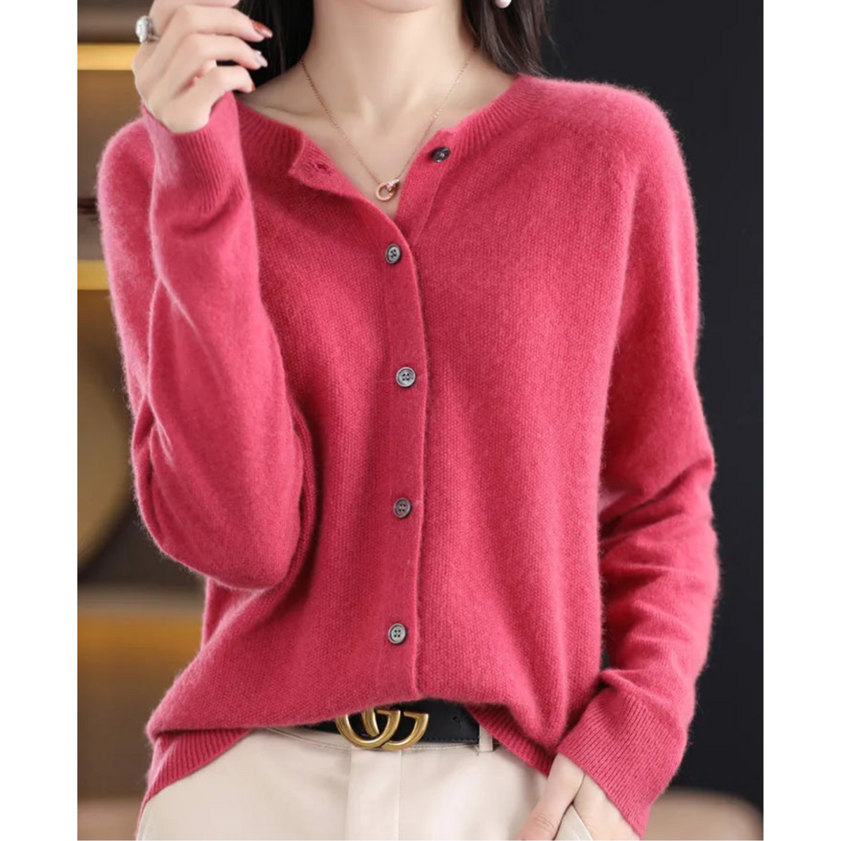 Cardigan in cashmere da donna a girocollo con bottoni, manica lunga, morbido ed elegante - Rosa scuro